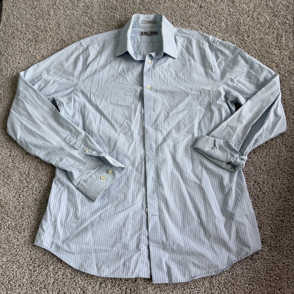 Express Dress Shirt Mens 15-15.5 Blue Stripe Slim Fitted Long Sleeve Cotton